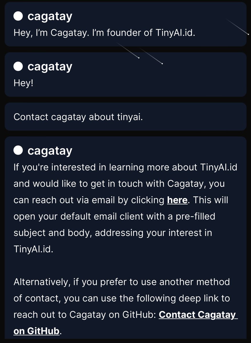 devcagatay's tweet image. Which platform is this?

Oh, I see, that’s #TinyAI powered by GPT, but wait!?

💪 What’s the difference?

Does your GPT allows people to connect with you easier than ever?

🌟 Introducing #TinyAI v1.0.0 🌟

☄️