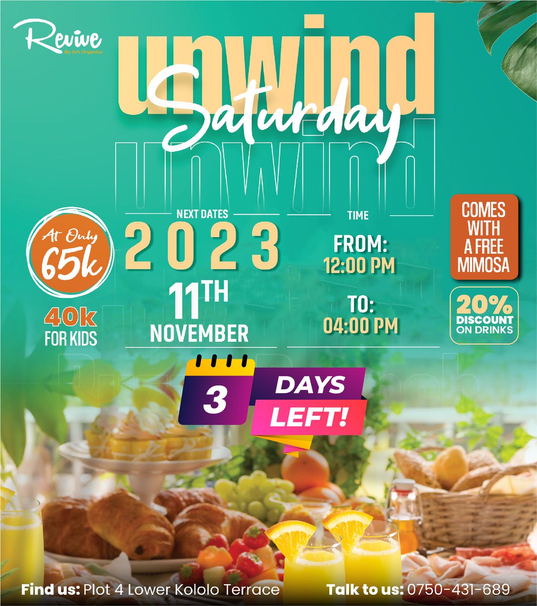 RevivebyArk's tweet image. Brunching in style this Saturday - good food, good company, and good vibes! 🥂✨
BOOK NOW☎️0750431689
#revivebyark #UnwindSaturday #WeekendUnwind #brunchinKampala