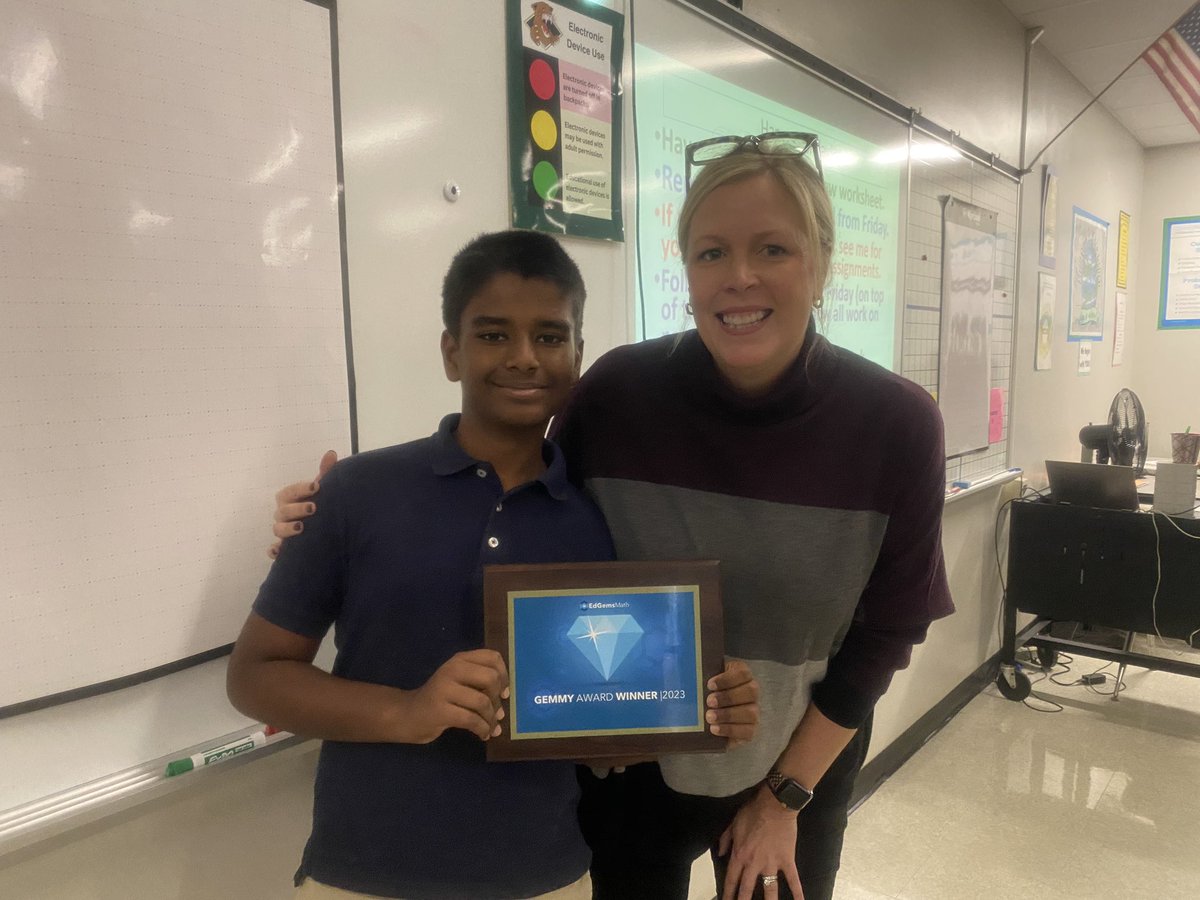 Congrats to our 8th Gemmy Winner, Adithya at Williams Middle Magnet IB World School, pictured here with his math teacher Mrs. Menendez 👏🏼Excellent work! 🏆🏆🏆🏆🏆 @EdGems_Math @Mathnasium @hcpsMS @HillsboroughSch @WilliamsIBMYP
