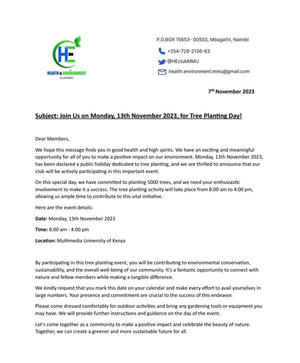 HEclubMMU's tweet photo. On Monday 13th November,we shall join the rest of the nation in tree planting as a patriotic contribution to the national efforts to save our Country from the devastating effects of Climate Change. https://t.co/btyZ8DQQXp