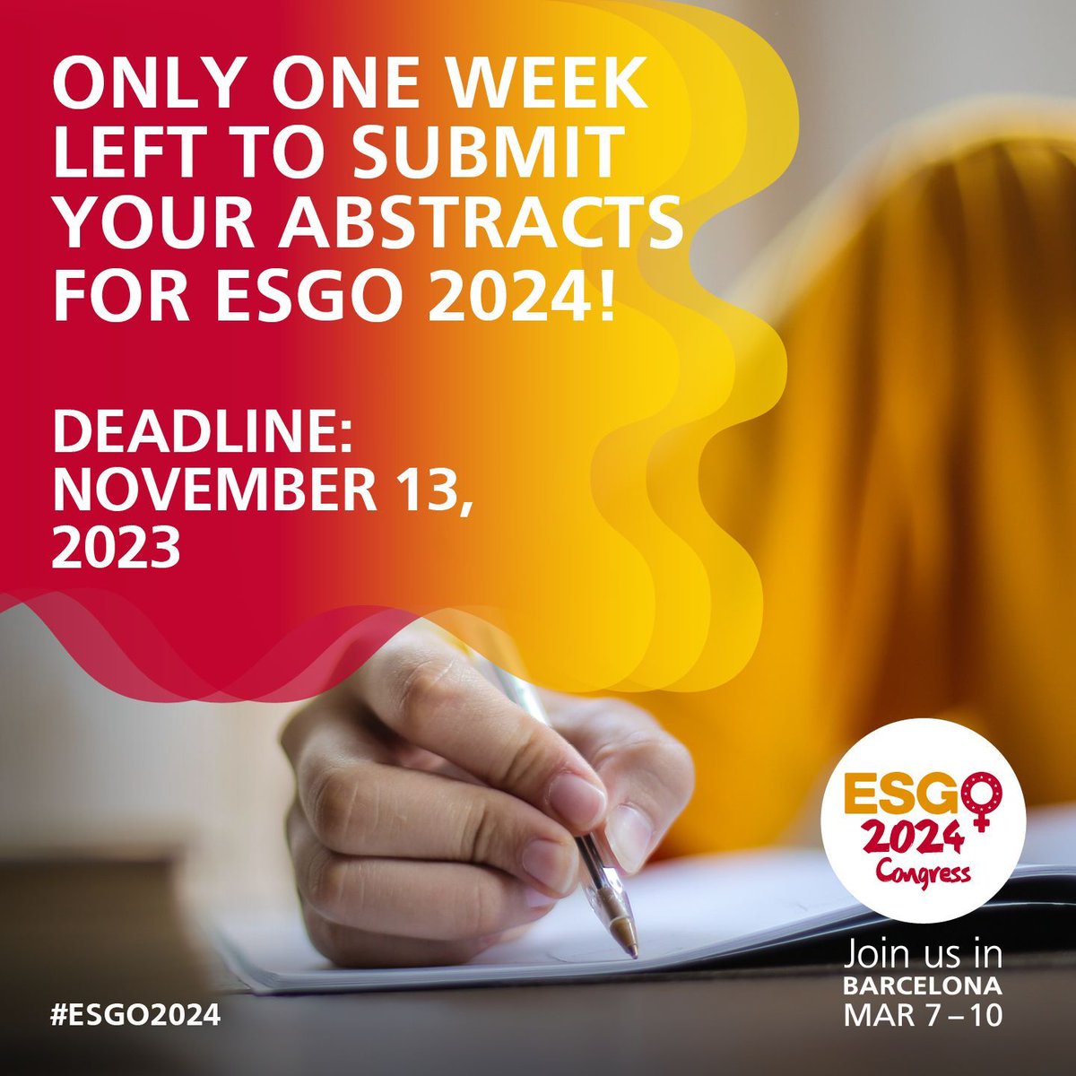 ESGO_society's tweet photo. Urgent reminder: Only one week left to submit your abstracts for #ESGO2024!
Submit your abstracts: https://t.co/snwcsAcKut
@Oncoalert @ENYGO_official
#ESGO #gynonc #gynaeconology #oncology #ESGO2024 #gyneoncologist #gynecancers #Barcelona #oncoalert #congress #enygo #ESGOEngage https://t.co/3P9KcCYFrK