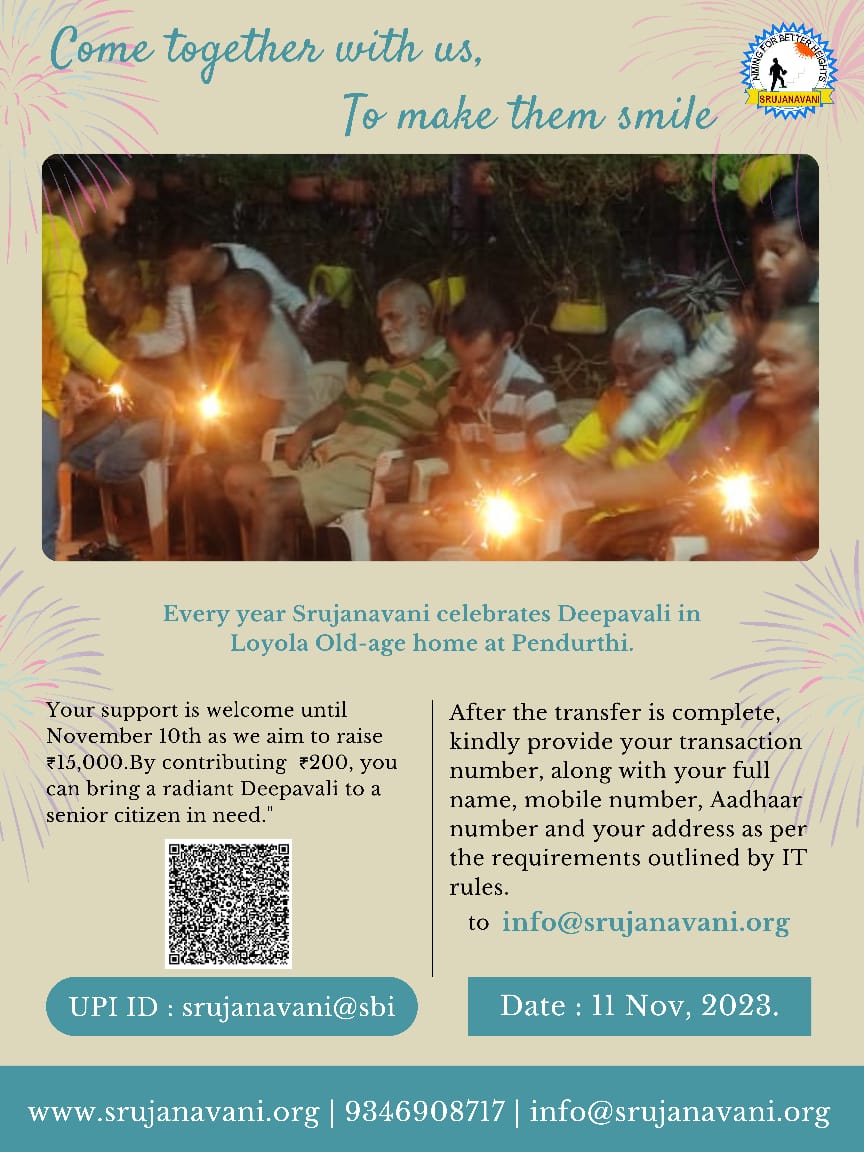 Srujanavani_NGO's tweet photo. We cordially invite you to join us in this deepavali celebrations at Loyola Old-age home, Pendurthi.
#srujanavani #Pendurthi #Vizagngo #12thnovember2023 #Deepavali #celebrations #orphanelders #oldagehome #helpingneedy #servelove #carefortheaged #happydiwali #elderlycare https://t.co/IPEvgKwkYy