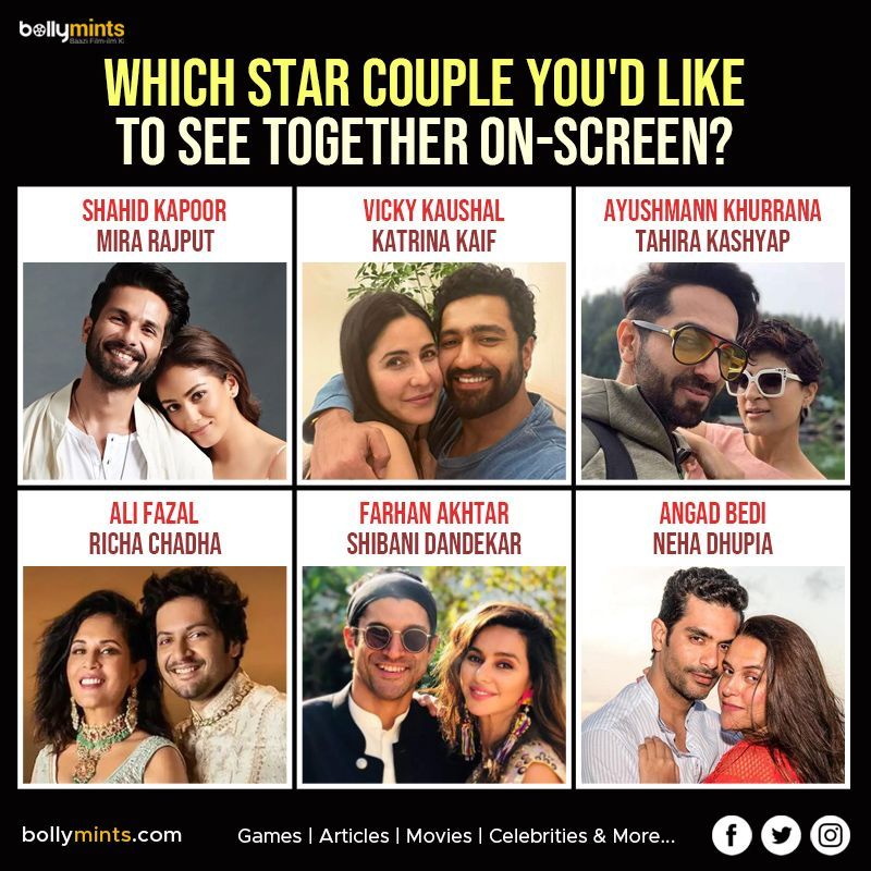 Which #Star #Couple You'd Like To See Together On-Screen?
#ShahidKapoor #MiraRajput #VickyKaushal #KatrinaKaif #AyushmannKhurrana #TahiraKashyap #AliFazal #RichaChadha #FarhanAkhtar #ShibaniDandekar #AngadBedi #NehaDhupia