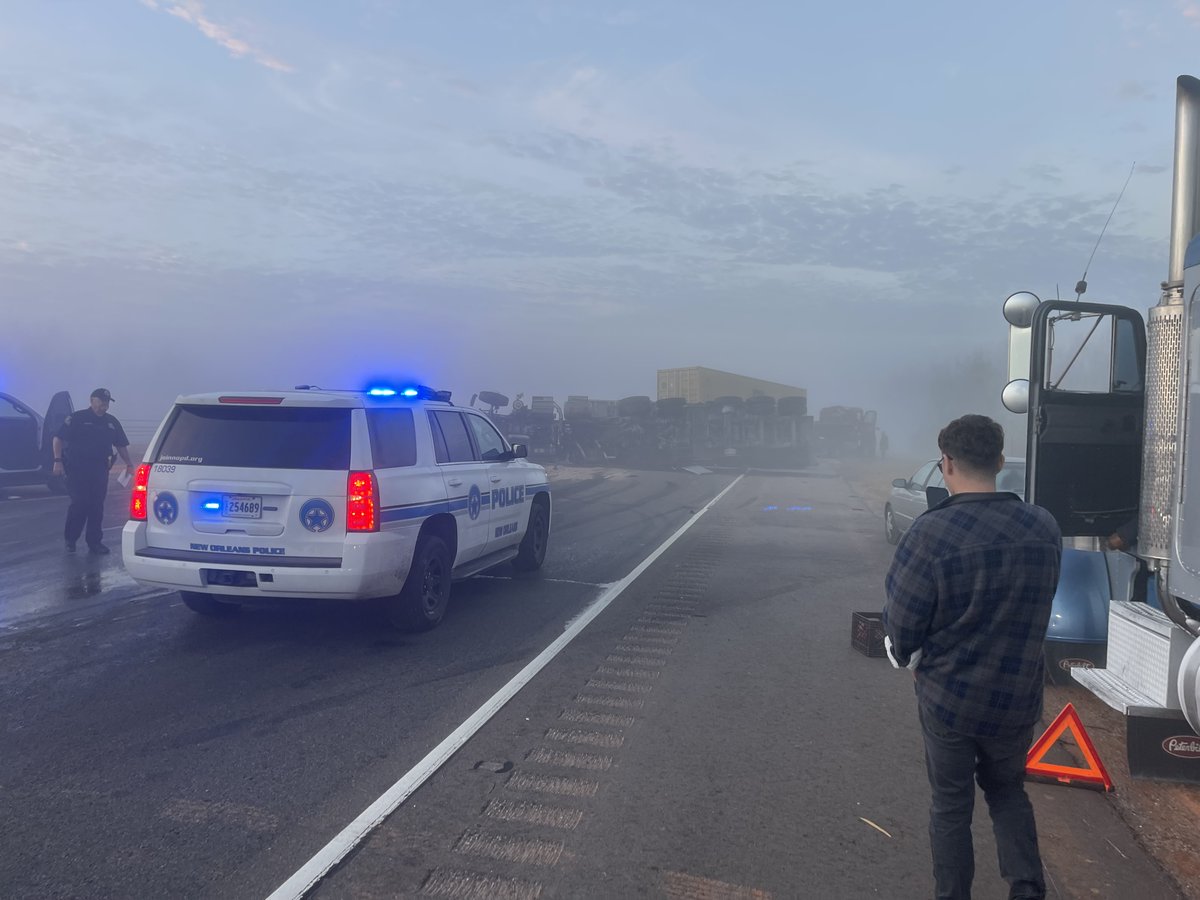 wdsu's tweet photo. We just got this picture from a viewer of an overturned 18-wheeler on I-10 WB near Michoud. Stay safe everyone because there is fog and smoke. https://t.co/sZlmyK5P6j