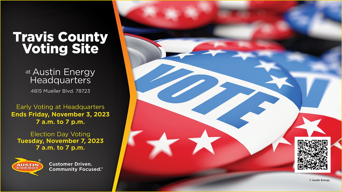 🇺🇸 Today is Election Day! Polls are open 7AM– 7PM 📍 We're proud to serve as a voting location for Travis County. Stop by Austin Energy Headquarters at 4815 Mueller Blvd & make your voice heard! 🗳️ Sample ballots, approved forms of ID & more information: votetravis.com