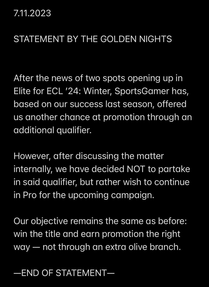 📣📃 CLUB STATEMENT

Our job here is not done yet.

The #ECL24Winter Pro season begins on November 20th.

Get your tickets now 👉 twitch.tv/goldennights_e…

<a href="/SportsGamerGG/">SportsGamer</a> #NHL24 #esports