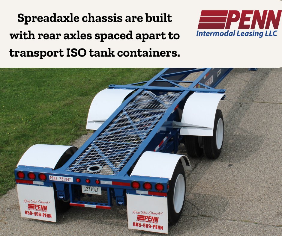 penn_lease's tweet image. Spreadaxle chassis are manufactured with two axles separated from each other to support and carry #ISOcontainers. This axle configuration improves stability and allows for even weight distribution and load balancing. Contact Penn Intermodal Leasing to lease #SpreadaxleChassis.
