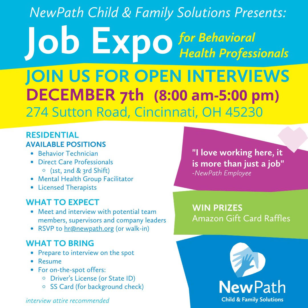 NewPathFamily's tweet image. NewPath's #JobExpo for #BehavioralHealth Professionals is  on 12/7! #OpenInterviews for rewarding #CareerOpportunities and #Internships!  💙
.
Event Details: newpath.org/job-expo/
#mynewpath