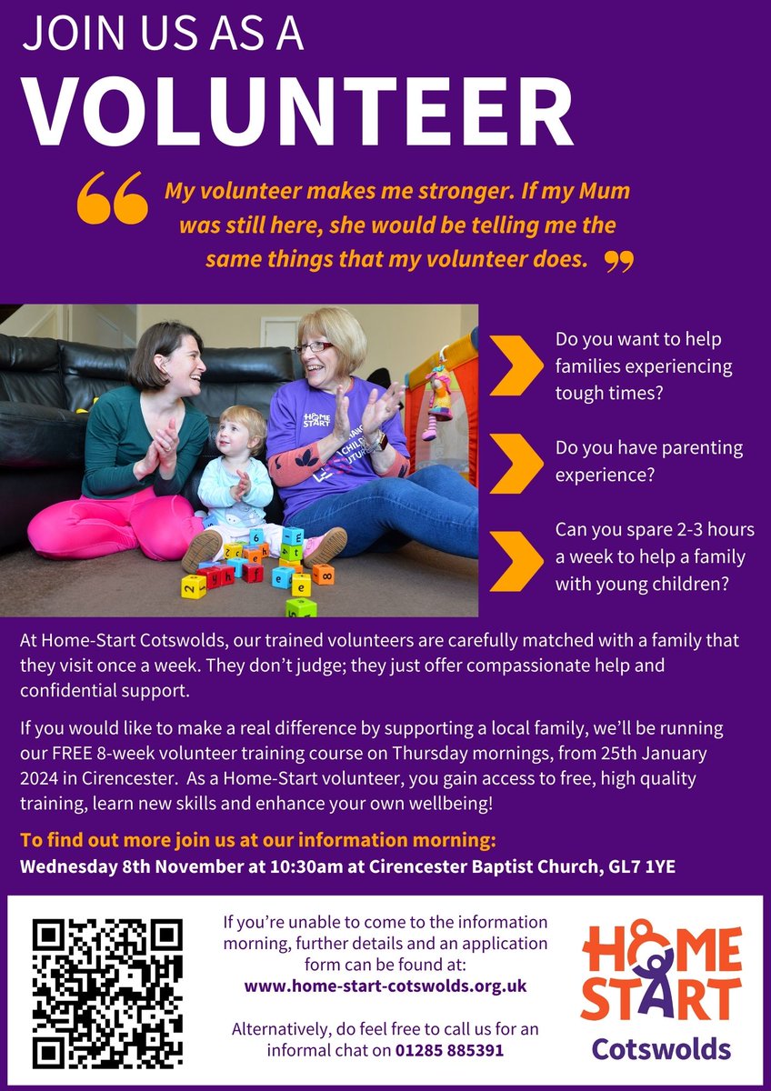 Don't forget to come to our Information Morning if you'd like to know more about being a Home-Start volunteer. 10.30am on Wed 8th Nov - details below. Alternatively, pls go to our website or call 01285 885391 for an application form😊 #gloucestershire #volunteer #cotswolds