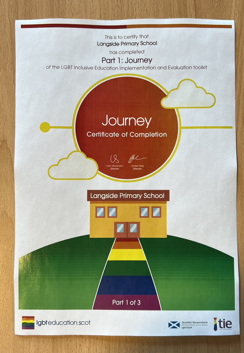 LangsideHT's tweet photo. Well done @MissHunter67394 and our Equalities &amp; Diversity Committee who have led our @LangsidePri community on our LGBT Inclusive Education Implementation journey, securing our Journey - Certificate of Completion!  So proud, but the journey continues! @tiecampaign @EdISGlasgow https://t.co/uNamM4yPbF
