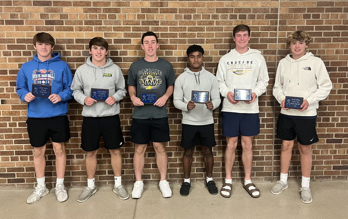 We officially ended our year last night with our 2023 Football Banquet. Award winners (L/R):

Cougar Award➡️Ty Frasher
Def. MVP➡️Cass Hoffman
Off. MVP➡️Will Hosch
Most Improved➡️Juan Alvarado
Team MVP➡️Nate Shockemoehl
Special Teams MVP➡️Charlie Thole