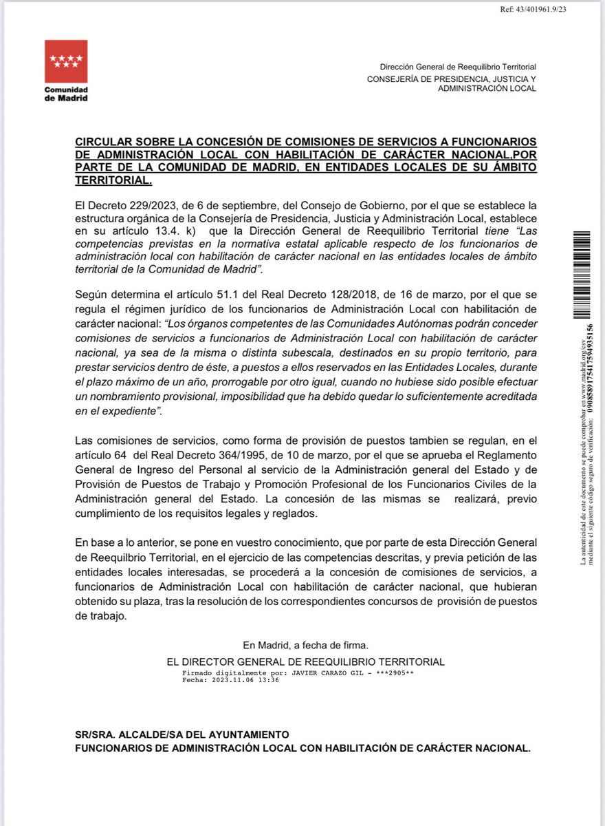 📌 La Comunidad de Madrid se desmarca del Ministerio de Hacienda y Función Pública y concederá comisiones de servicios a FHCN que hubieran obtenido su plaza, tras la resolución de los correspondientes concursos de provisión de puestos de trabajo.

#FHCN