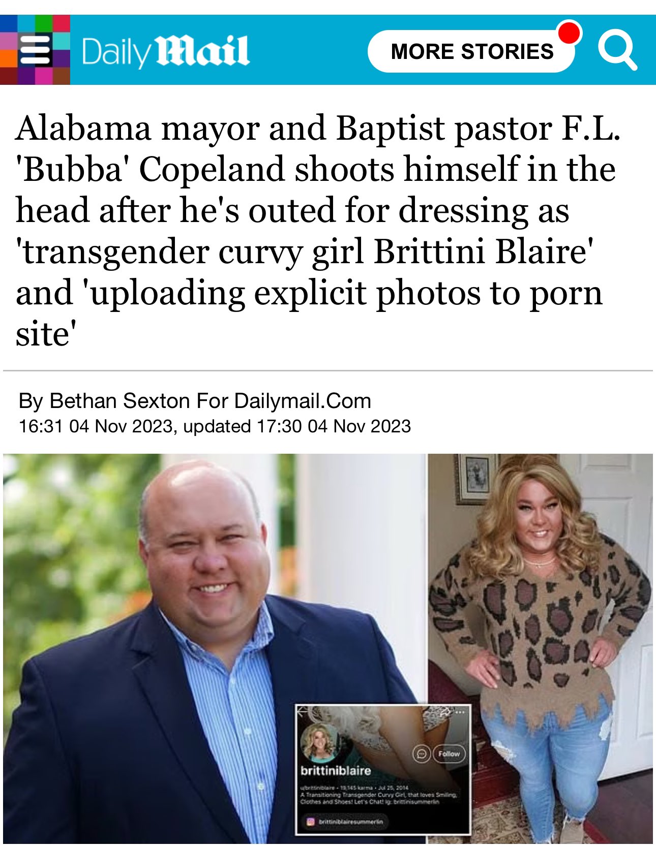 Alabama mayor and Baptist pastor F.L. 'Bubba' Copeland shoots himself in  the head after he's outed for dressing as 'transgender curvy girl Brittini  Blaire' and 'uploading explicit photos to porn site