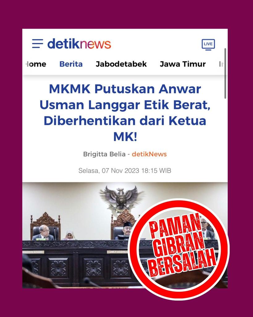 Update putusan MKMK, Anwar Usman Langgar Etik Berat, Diberhentikan dari Ketua MK!

Paman Gibran Bersalah

Soalnya bukan dugaan tak berdasar wak