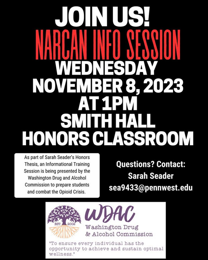 CalUHonors's tweet photo. SHAB  Treasurer, Sarah Seader and the Washington Drug &amp; Alcohol Commission  are hosting a Narcan Information Session on this Wednesday, November  8th, in the Honors Classroom at 1 pm. We hope you consider attending and  learning about this important information. https://t.co/QyD3FJyz6Y