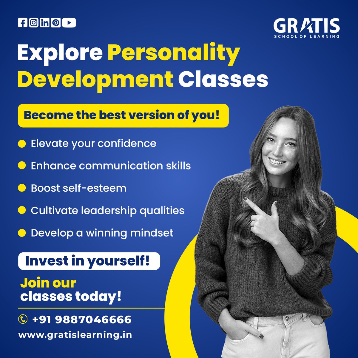 GratisLearning's tweet image. Transform into the best version of yourself with #GratisSchoolofLearning&apos;s #PersonalityDevelopmentClasses. 
🤷🏻‍♀️Elevate your confidence, enhance #communicationskills, and cultivate #leadershipqualities. Boost your self-esteem and develop a winning mindset. gratislearning.in