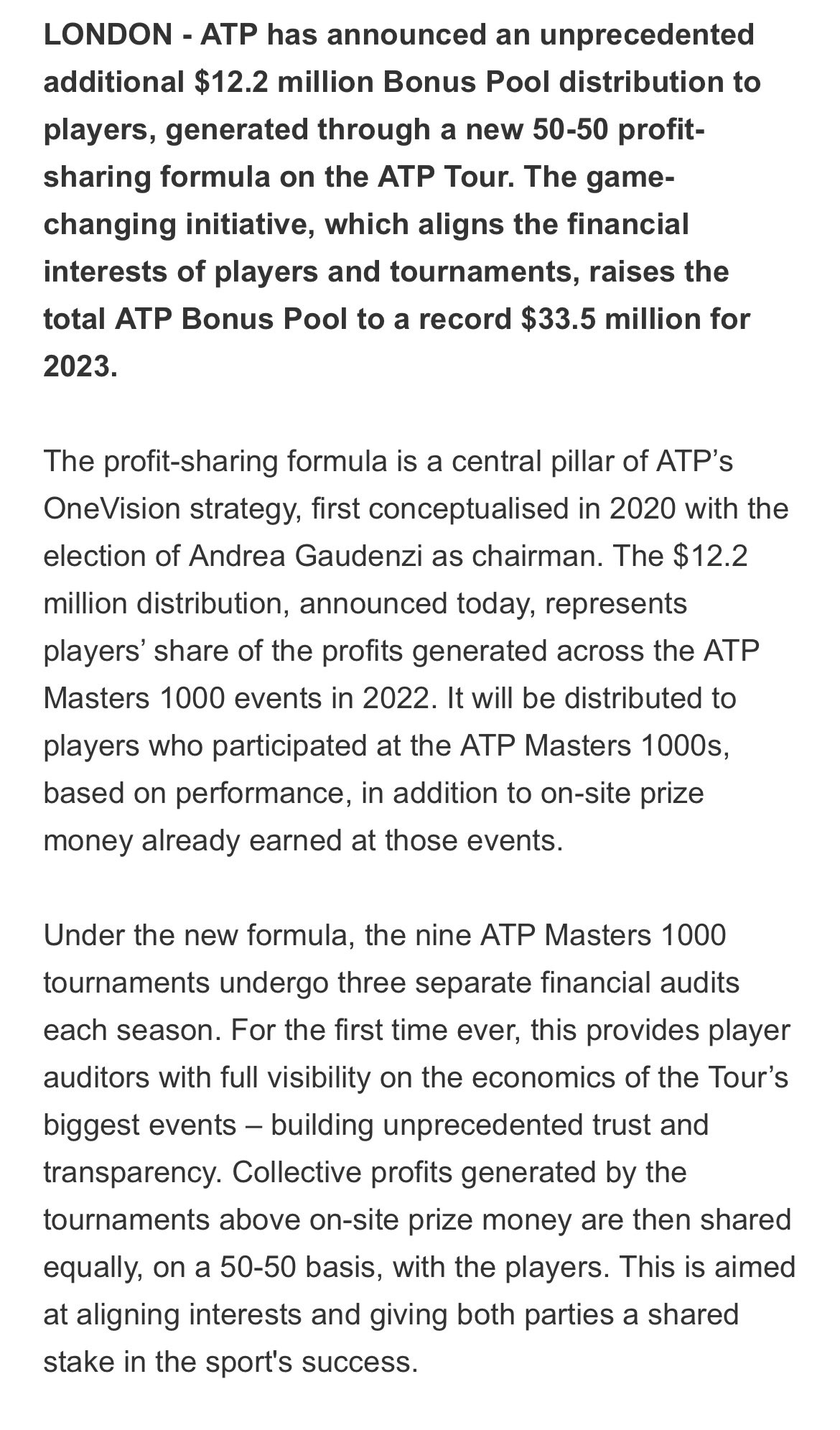 ATP Announces Record $37.5 Million Prize Money Increase For 2023, ATP Tour