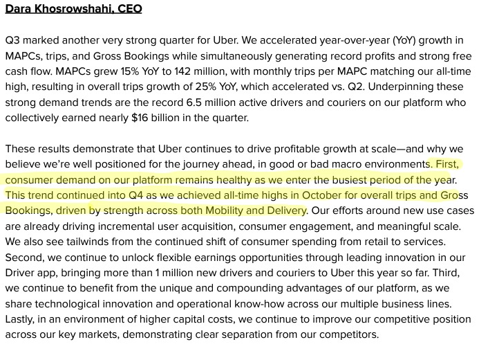 treiner5's tweet photo. $UBER Q4 GBV guide of +19-22% and EBITDA of $1,180m to $1,240m

No signs of consumer weakness w/ all time high Oct GBV/trips; Uber has huge geographic tailwinds and perfecting consumer segmentation driving incremental spend https://t.co/V4shsVdrO1