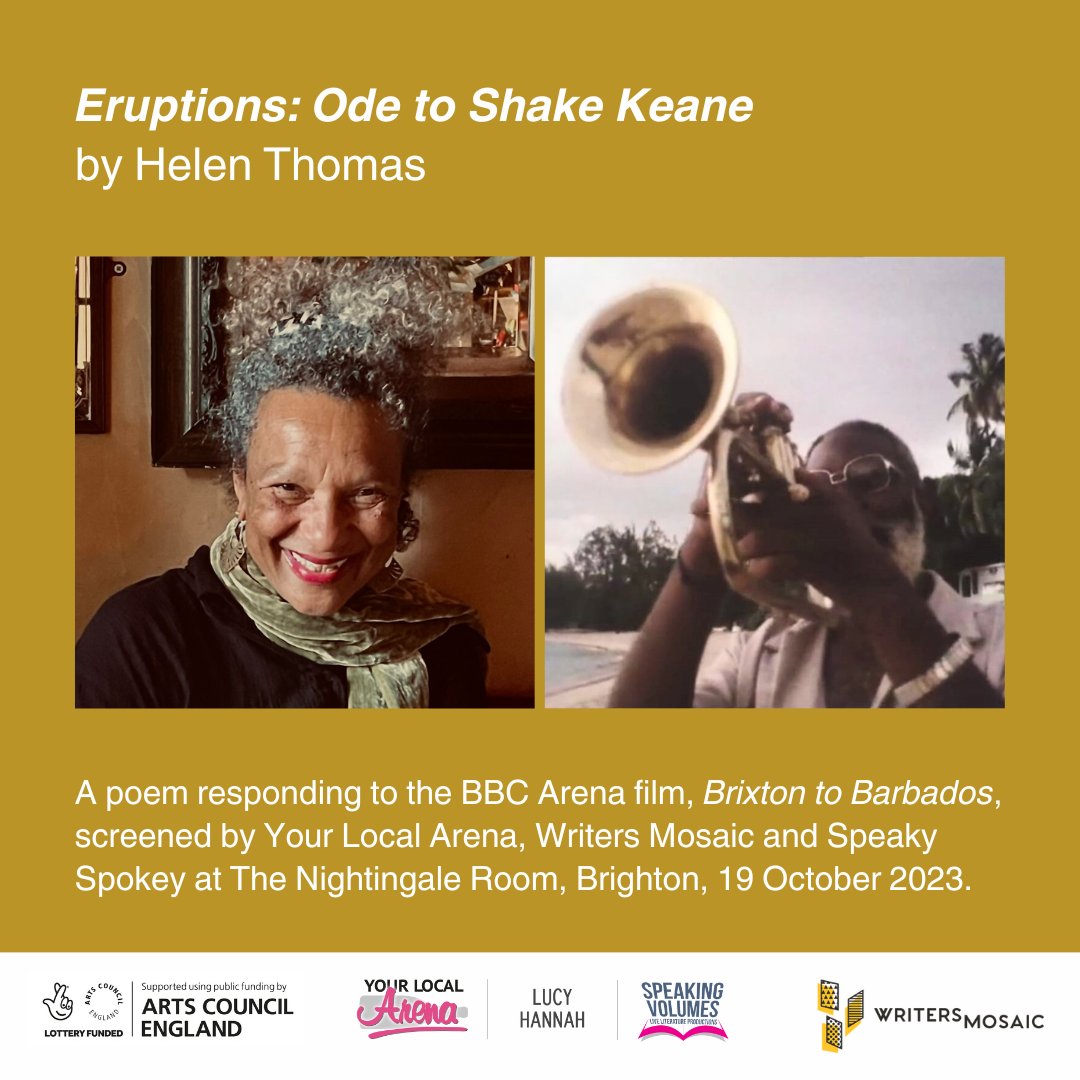 Our Roving Poet in Residence Helen Thomas reads her poem 'Eruptions', an ode to Shake Keane & written in response to the BBC Arena film, Brixton to Barbados. 📽️: bit.ly/YLARP3 🎺 #YourLocalArena @writersmosaic @SpeakySpokey @NightingaleBN1 @LucyHannah19 @PoetryOff_Page