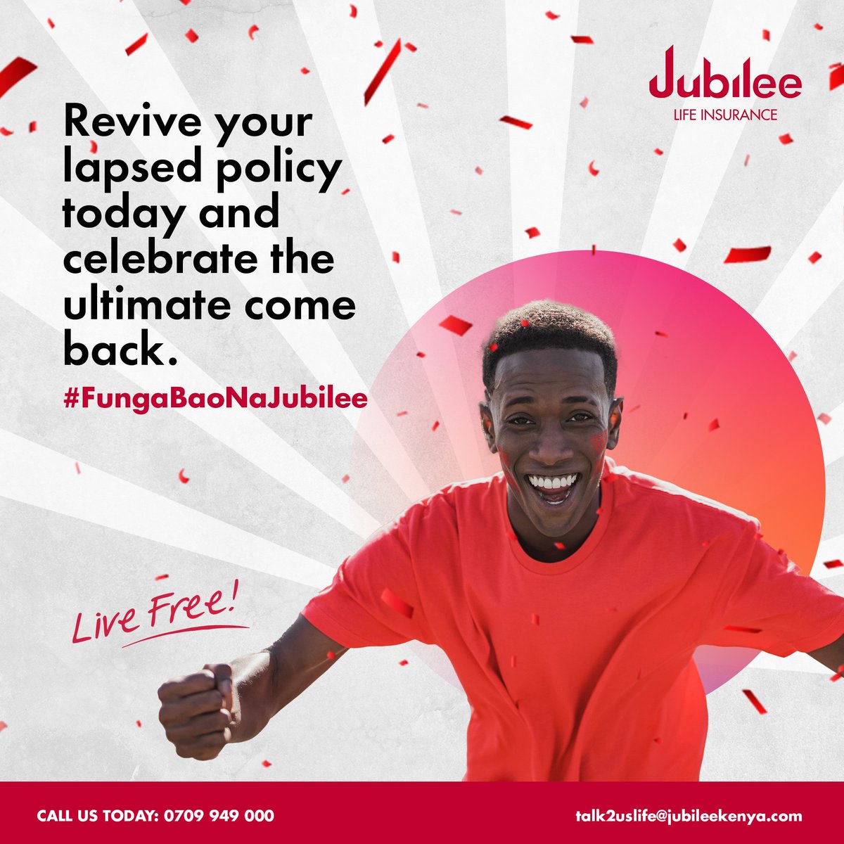 JubileeInsKE's tweet image. Did you know that this month Jubilee Life Insurance is offering you a 100% waiver of interest on a lapsed policy? 

Revive yours today and score on your desired goals. #FungaBaoNaJubilee #LiveFree #RevivalCampaign