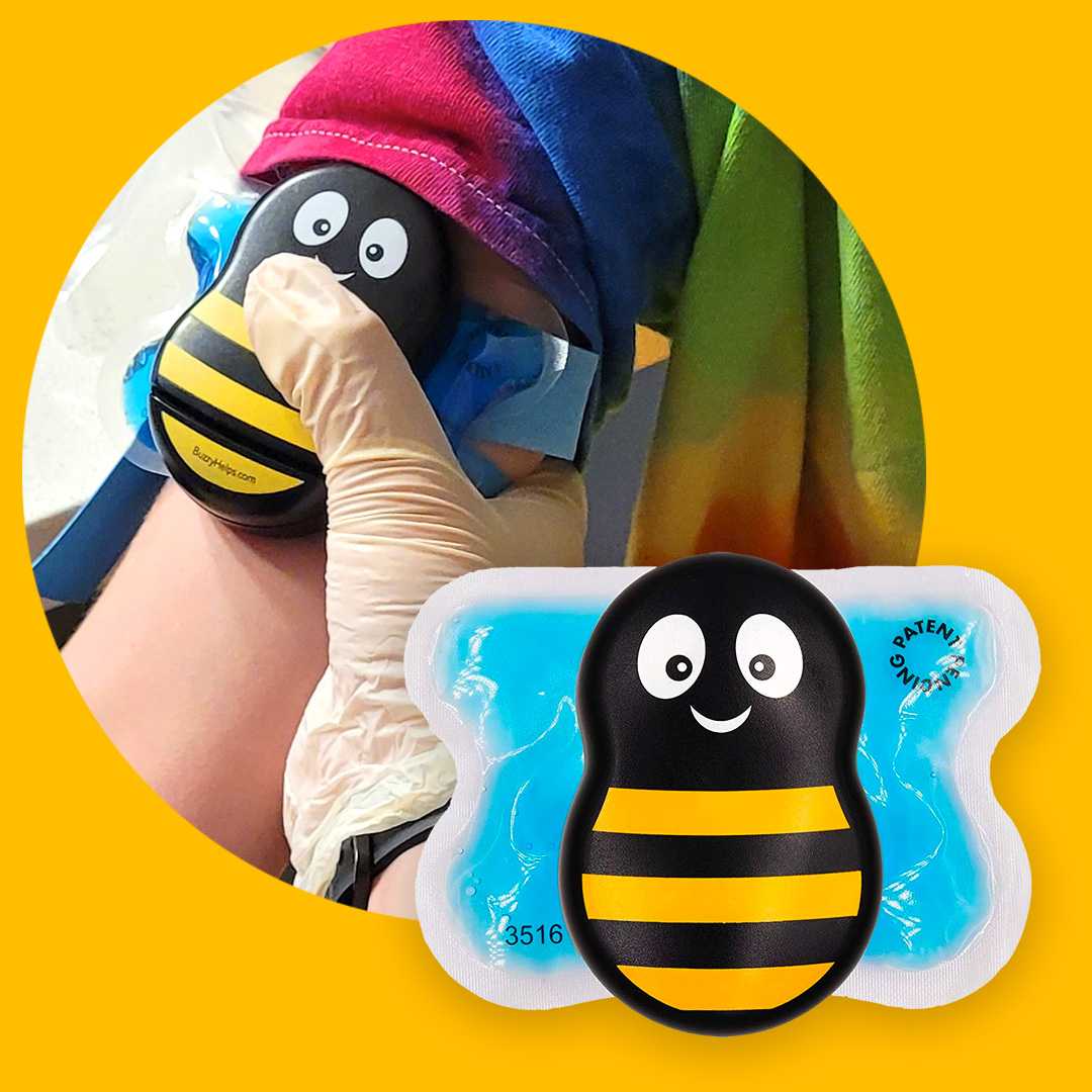 At IWK Health, Buzzy is often used with numbing cream to help patients have a positive experience during needle-related procedures. Buzzy is a small vibrating bee with ice-pack wings that can be placed between the brain and the needle site (the pain) during needle procedures.