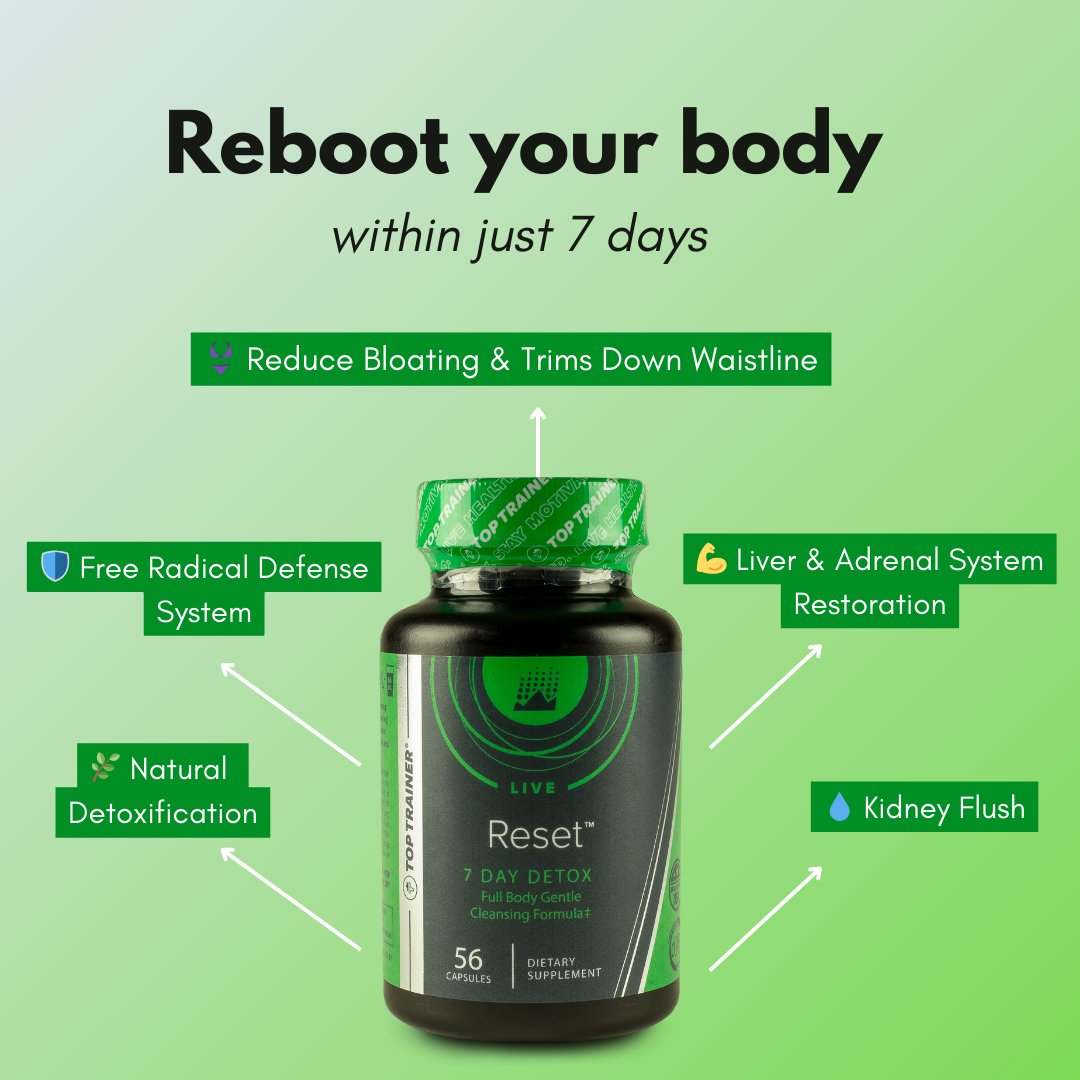 Tired of feeling sluggish and weighed down by harmful toxins? It's time to hit the reset button on your health. Introducing Top Trainer Reset, your seven-day secret to a refreshed and revitalized you! #detox #coloncleanse #guthealth #reset7daydetox #toptrainer