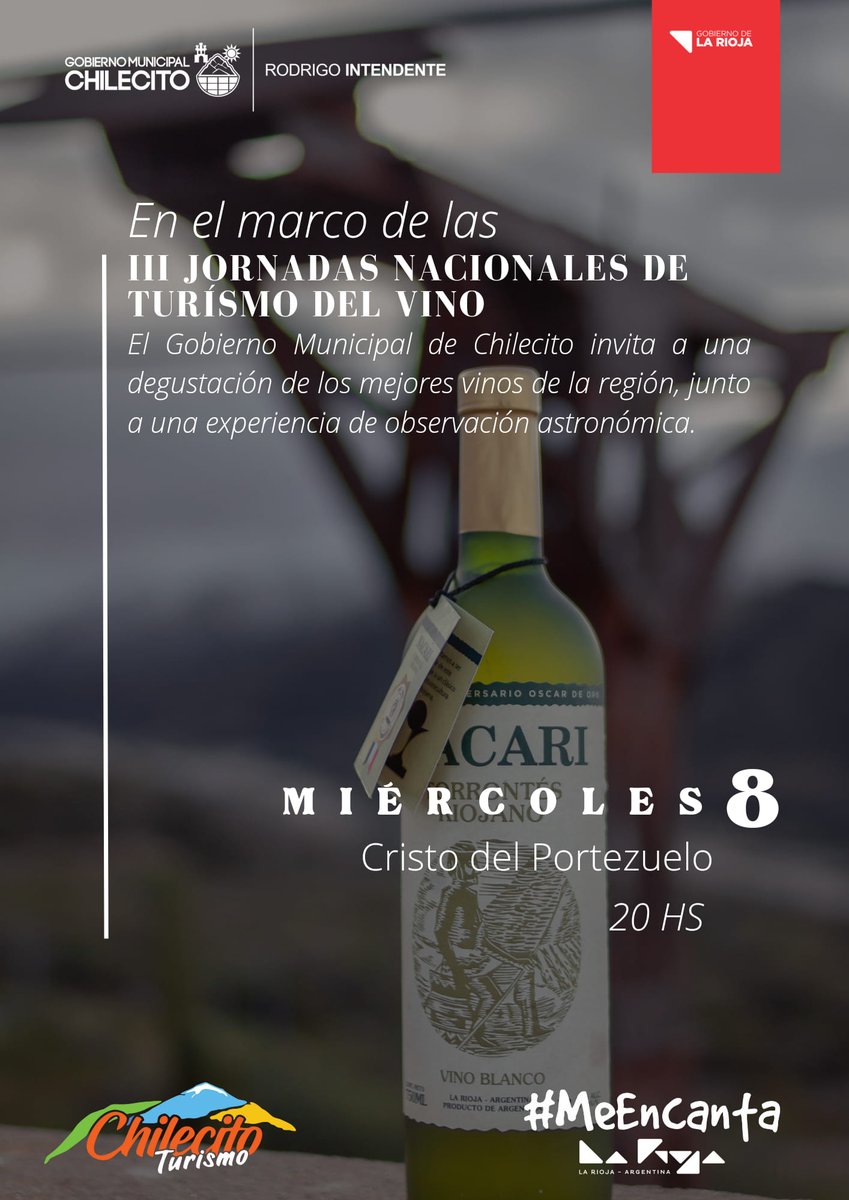 El Int. <a href="/Rodrigobydok/">Rodrigo Brizuela y Doria</a>  y el Sec. de Turismo <a href="/MatiVaca16/">Matías Vaca</a> ,invitan a los participantes de la III Jornadas Nacionales de Turismo del Vino, a degustar los mejores vinos de la región y una experiencia de observación astronómica
DÍA:Miércoles 8
LUGAR:Cristo del portezuelo
HORARIO:20 HS
