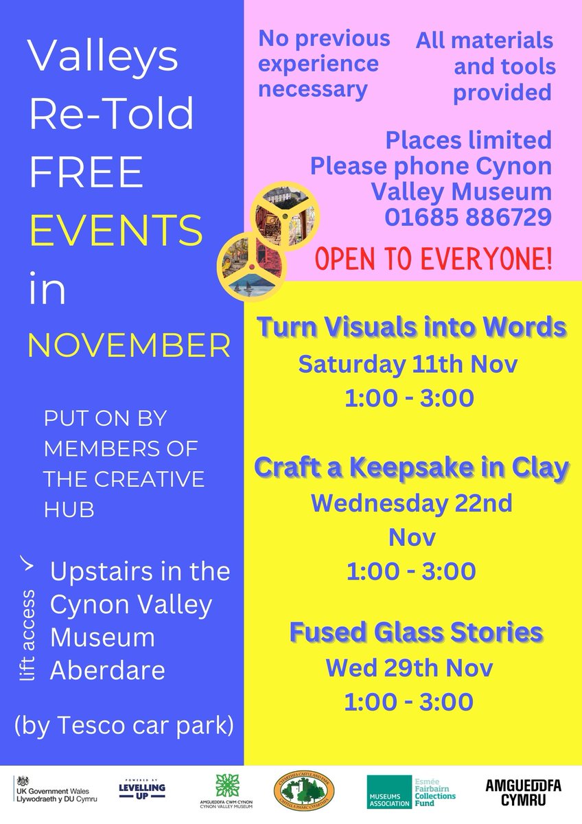 FREE Valleys Re-Told Events this November at Cynon Valley Museum to support the Valleys Re-told Exhibition (1 -30 Nov. 2023)

#valleysretold
@AmgueddfaCymru
@MuseumsAssoc
@VisitCyfarthfa
@cynonvalleymus
@EsmeeFairbairn
@Amgueddfa_Learn
@Museum_Cardiff