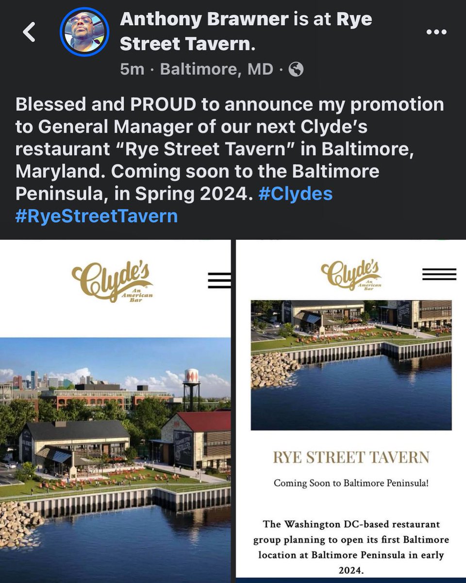 Very excited to announce my promotion to General Manager of our next Clyde’s restaurant, “Rye Street Tavern” in Baltimore, Maryland. Coming soon to the Baltimore Peninsula, in Spring 2024. #GeneralManager #Clydes #RyeStreetTavern #Baltimore #CharmCity