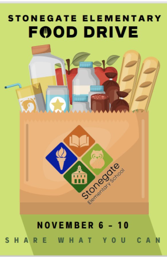 Our annual Stonegate Food Drive is this week! All donations are welcome and will be donated to our Zionsville Food Pantry. Donations may be sent in with your student or be dropped off in the front office!