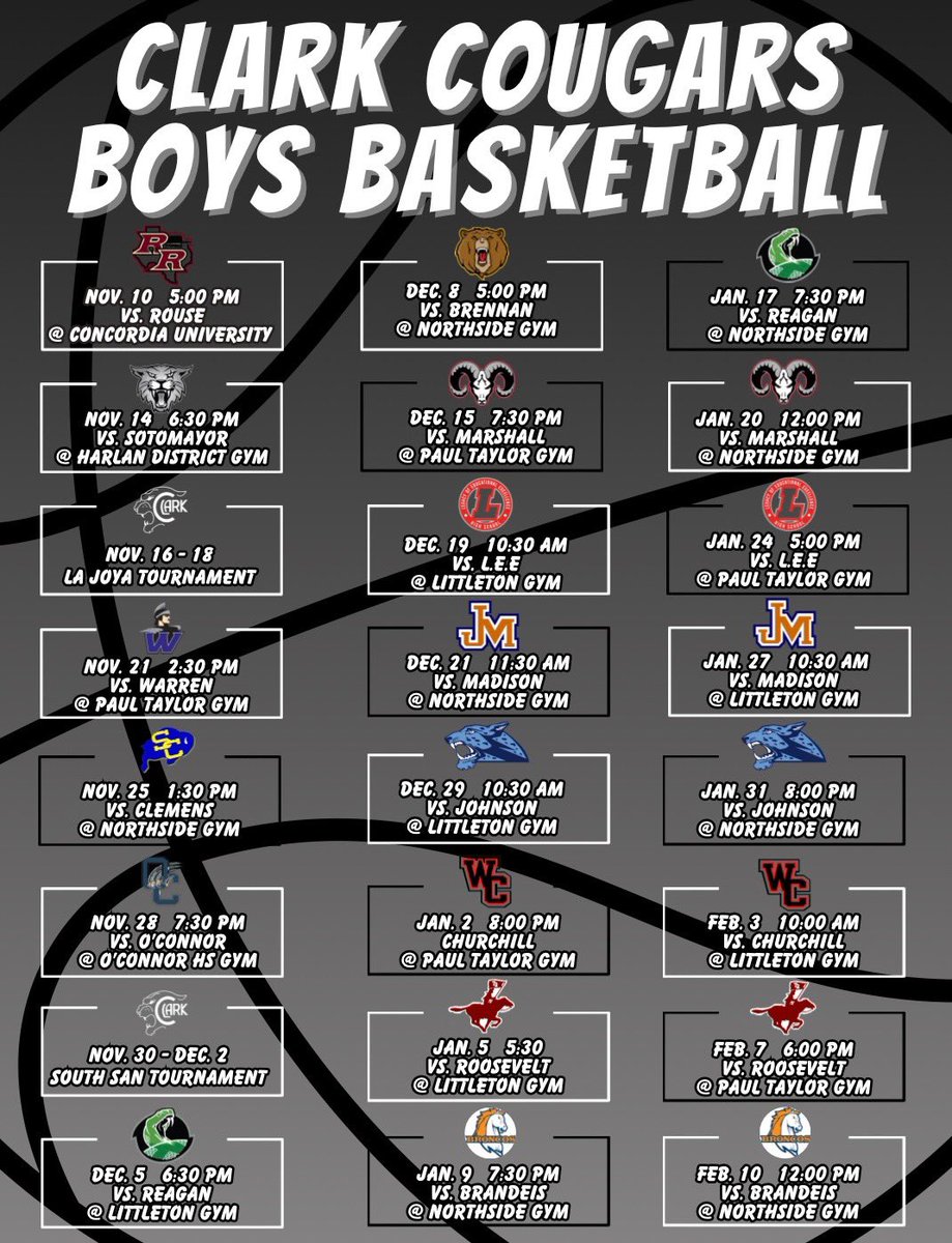Clark Basketball Season Schedule.  We tip it off Friday Night!   Come out and watch us this season!!