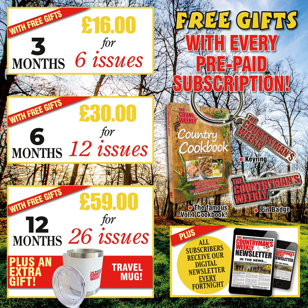 Forget Black Friday, we've got a great offer now with all pre-paid Countryman's Weekly subscriptions! Get THREE FREE GIFTS with every subscription - Plus an extra gift of a Travel Mug with our 12 month subscription. While stocks last! shop.countrymansweekly.com/subscription/s… or call 01752 762990