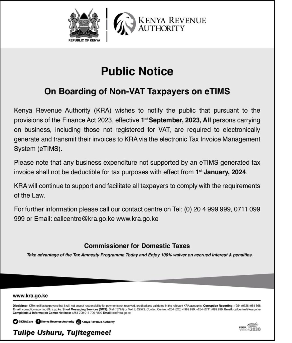 ericmatei's tweet photo. A public notice from KRA requiring all businesses to ensure compliance by adopting eTIMS to support tax invoice generation effective 1st September, 2023.

Business owners and partners, take note and liaise with the authority in case you need further information or clarification. https://t.co/fIdTJNpPtI
