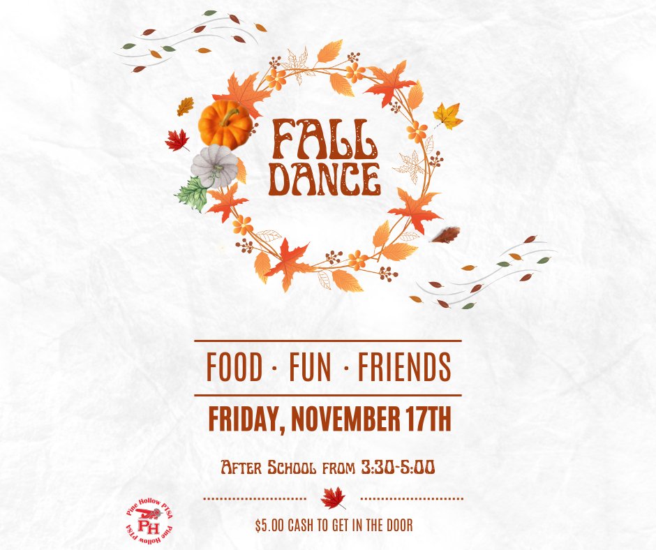 Friday November 17th is our first Dance of the Year! It is after school from 3:30- 5:00 $5.00 cash at the door.Water & Snacks will be provided however the concession stand will be open to purchase other goodies. That is also cash only. please email us w/?'s PHMSPTSA16@gmail.com