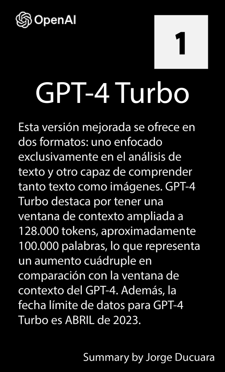 JorgeDucuara's tweet image. 📣 ¡Novedades #ChatGPT! 🚀 Descubre el GPT-4 Turbo y más en el OpenAI DevDay.

🏎️ #GPT4Turbo
🎨 #DALLE3API
🔧 GPT Personalizado
🛒 #GPTStore
Explora cómo #OpenAI está redefiniendo nuestra visión del mundo. 🌐💡

👁️ Lee mi resumen completo. #AI #InnovacionTech #TechNews