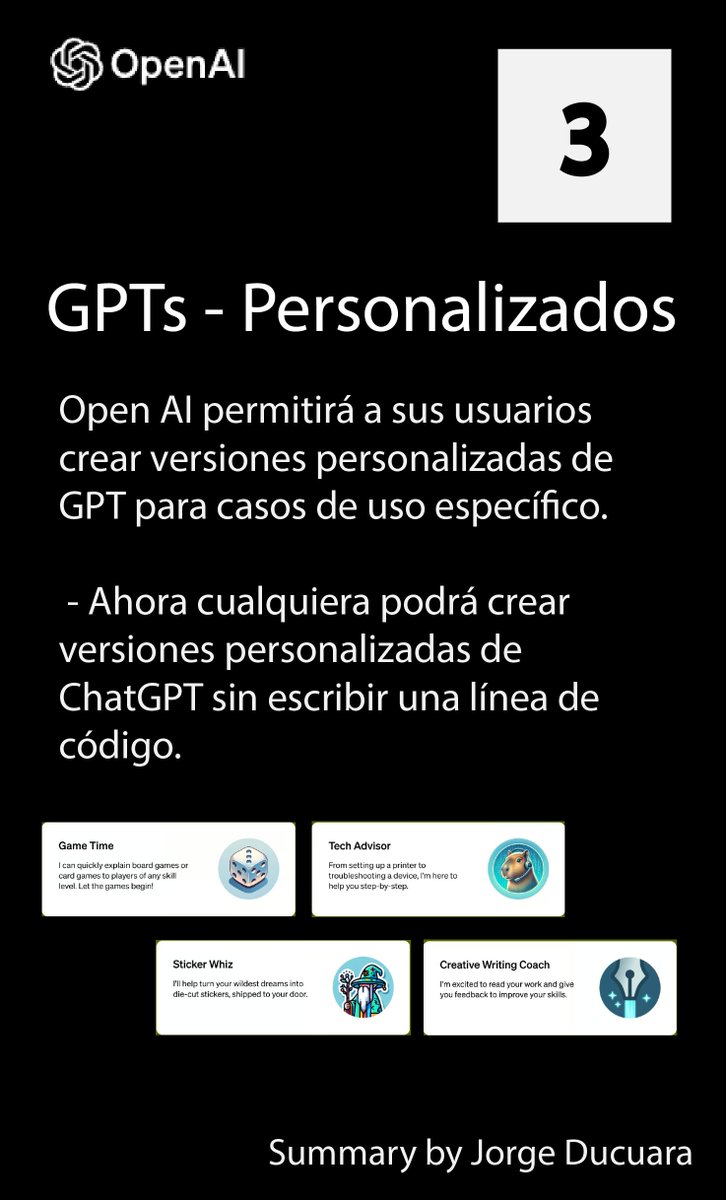 JorgeDucuara's tweet image. 📣 ¡Novedades #ChatGPT! 🚀 Descubre el GPT-4 Turbo y más en el OpenAI DevDay.

🏎️ #GPT4Turbo
🎨 #DALLE3API
🔧 GPT Personalizado
🛒 #GPTStore
Explora cómo #OpenAI está redefiniendo nuestra visión del mundo. 🌐💡

👁️ Lee mi resumen completo. #AI #InnovacionTech #TechNews