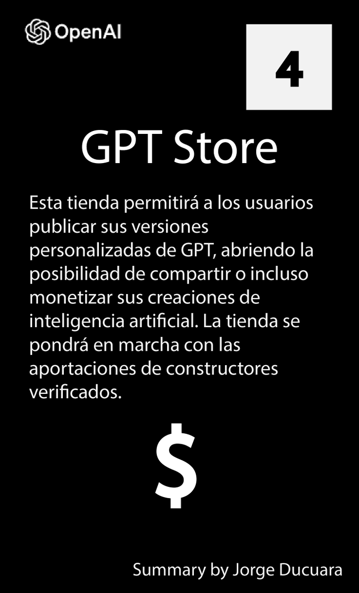JorgeDucuara's tweet image. 📣 ¡Novedades #ChatGPT! 🚀 Descubre el GPT-4 Turbo y más en el OpenAI DevDay.

🏎️ #GPT4Turbo
🎨 #DALLE3API
🔧 GPT Personalizado
🛒 #GPTStore
Explora cómo #OpenAI está redefiniendo nuestra visión del mundo. 🌐💡

👁️ Lee mi resumen completo. #AI #InnovacionTech #TechNews