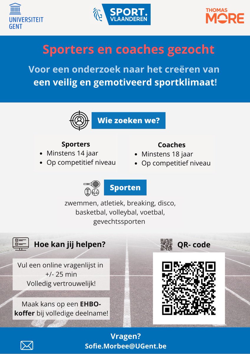 🤔Hoe kijken sporters en coaches naar uitdagende situaties? Hoe schatten ze de impact ervan in? 📃Help bij te dragen aan een veilig en gemotiveerd sportklimaat en vul deze vragenlijst in! Link: bit.ly/veiligsportkli… Zelf geen sporter of coach? Stuur gerust door!