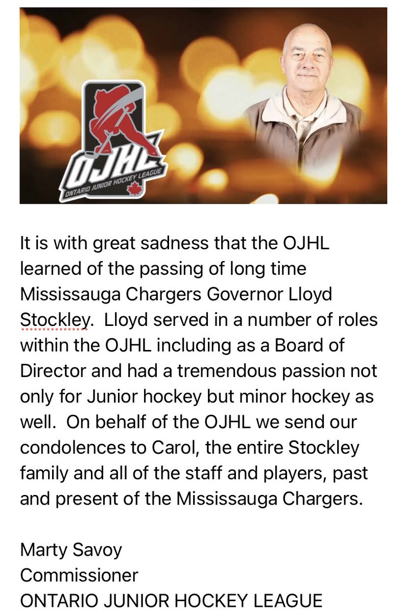 Statement from the OJHL on the passing of Lloyd Stockley.