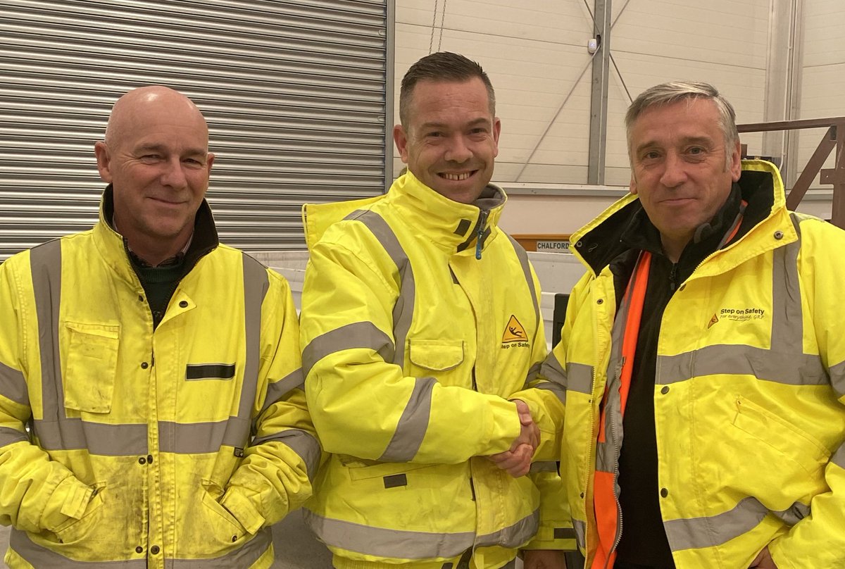 StepOnSafety's tweet photo. We are celebrating Dan Bloomfield's 12 year workiversary today - our longest serving team member. Shown here with owners Andy Lee (left) and Steve Houghton (right). Dan is a senior fabricator in our Suffolk workshop. Congratulations Dan! https://t.co/8w1rSLPQ5r