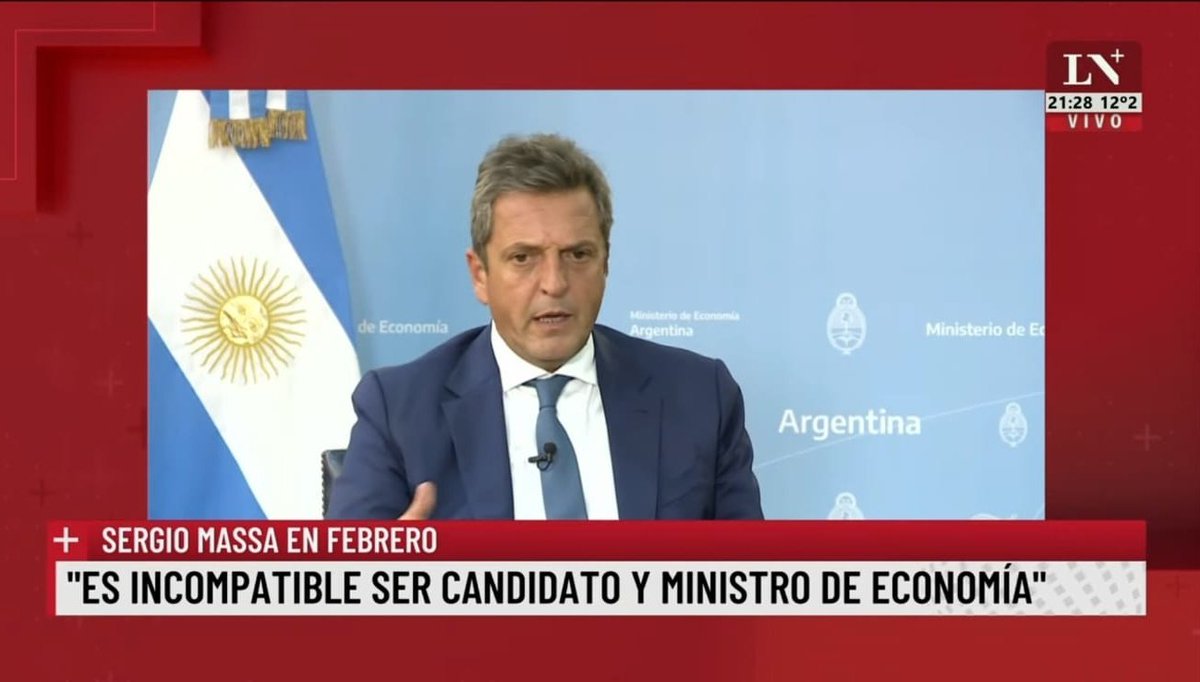Massa hace un año: "La inflación para el todo el 2023 va a ser del 60% o menos".

Massa en Febrero: “Es incompatible la función de Ministro y candidato”.  

Massa en Marzo: “Antes de devaluar me voy”. 

Massa en Agosto: “Me quedo como Ministro de Economía hasta el 10 de