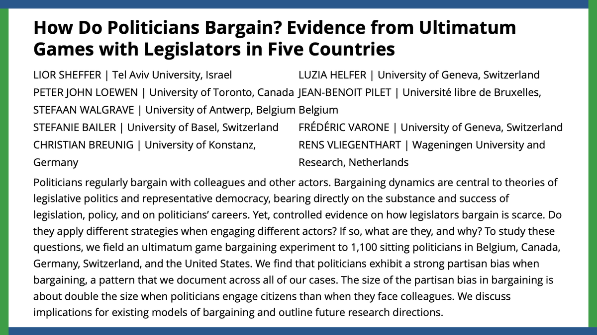 American Political Science Review (@apsrjournal) on Twitter photo How do politicians bargain? <a href="/LiorSheffer/">Lior Sheffer</a>, <a href="/PeejLoewen/">Peter Loewen</a>, Stefaan Walgrave, <a href="/StefanieBailer/">Stefanie Bailer</a>, <a href="/ckbreunig/">C Breunig is gone</a>, Luzia Helfer, <a href="/jbpilet/">Jean-Benoit Pilet</a>, Frédéric Varone, & <a href="/rensvl/">Rens Vliegenthart</a> identify a strong partisan bias that doubles in size when engaging citizens.
#APSRNewIssue
#OpenAccess
ow.ly/5rwy50Q3G4I How do politicians bargain? <a href="/LiorSheffer/">Lior Sheffer</a>, <a href="/PeejLoewen/">Peter Loewen</a>, Stefaan Walgrave, <a href="/StefanieBailer/">Stefanie Bailer</a>, <a href="/ckbreunig/">C Breunig is gone</a>, Luzia Helfer, <a href="/jbpilet/">Jean-Benoit Pilet</a>, Frédéric Varone, & <a href="/rensvl/">Rens Vliegenthart</a> identify a strong partisan bias that doubles in size when engaging citizens.
#APSRNewIssue
#OpenAccess
ow.ly/5rwy50Q3G4I