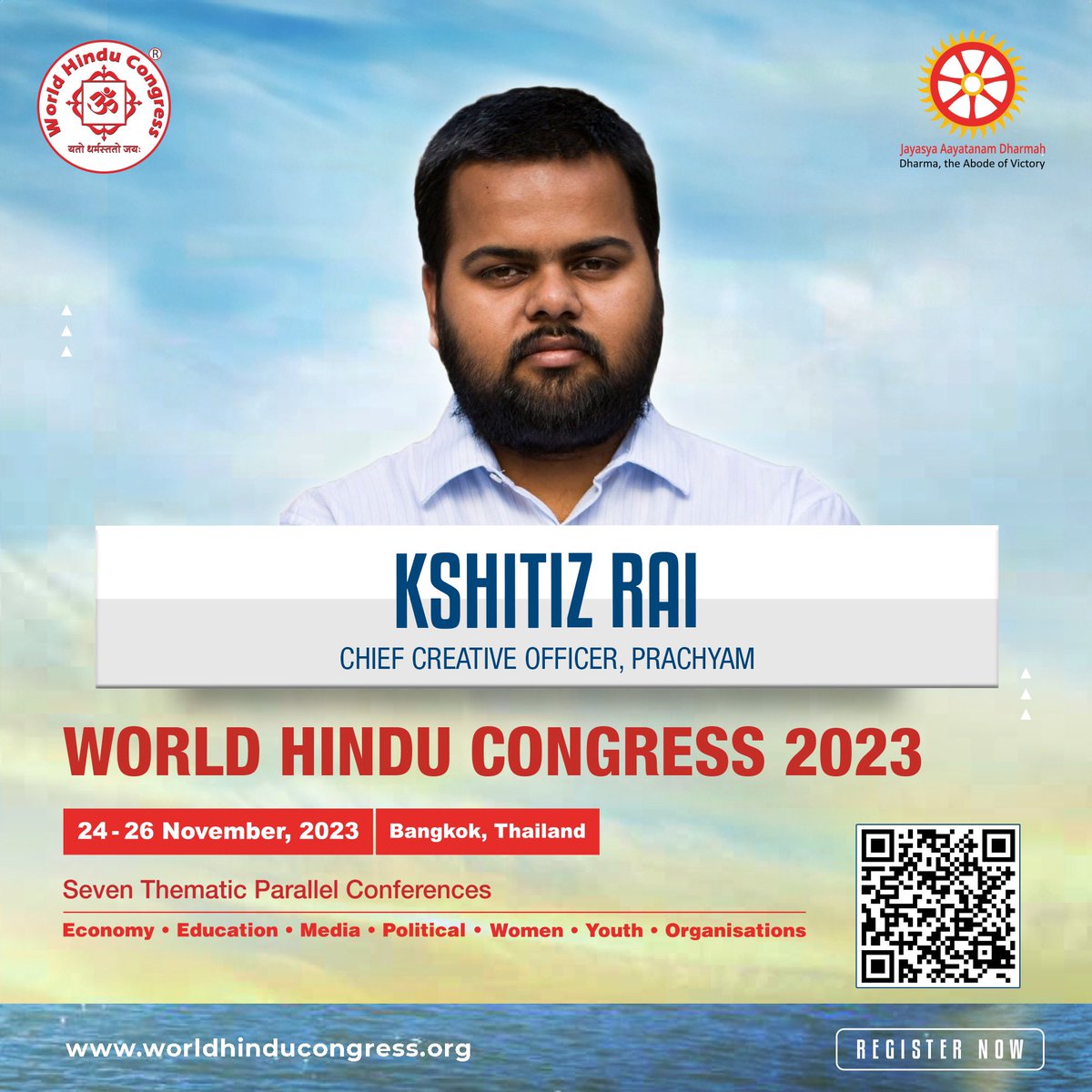 WHCongress's tweet photo. Kshitiz Rai, Chief Creative Officer, @prachyam7 will be speaking at the Hindu Youth Conference, during the World Hindu Congress 2023 at Bangkok from 24-26 November. 

Join us at #WorldHinduCongress2023 to interact with him and other such distinguished speakers!
https://t.co/3s6NeczVlu

#hindu #WorldHinduCongress #HinduResurgence #youth #dharma #politics #social #HinduYouthConference