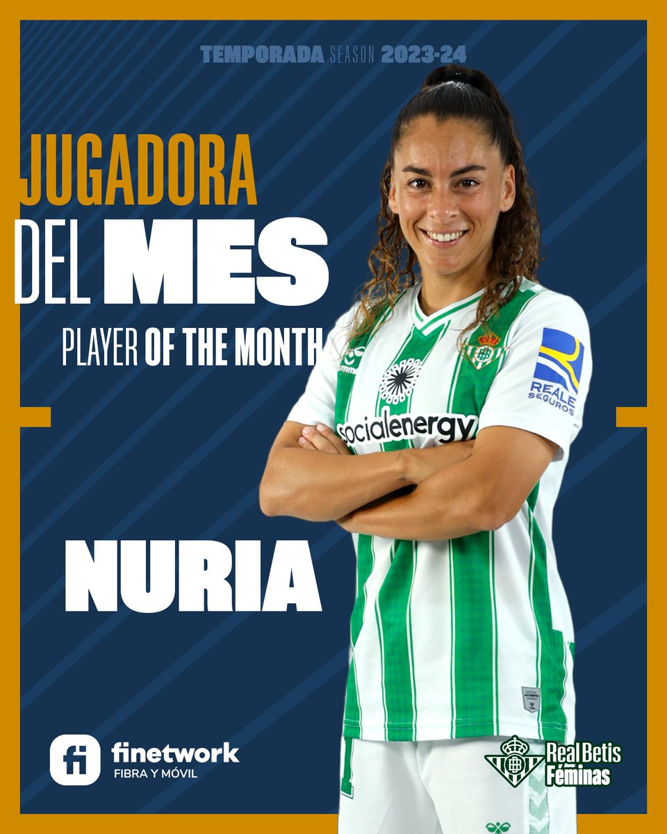 ¡La afición ha hablado con sus votos! 🔒🗳️

¡<a href="/NuriaaLiFe/">Nuria Ligero Fdez.</a> se convierte en la 𝒋𝒖𝒈𝒂𝒅𝒐𝒓𝒂 <a href="/finetwork/">Finetwork</a> 𝒅𝒆𝒍 𝒎𝒆𝒔 de octubre! ⚽️🔝 ¡Enhorabuena, capitana! 👏🏼💚 

#BetisFéminas #LigaF