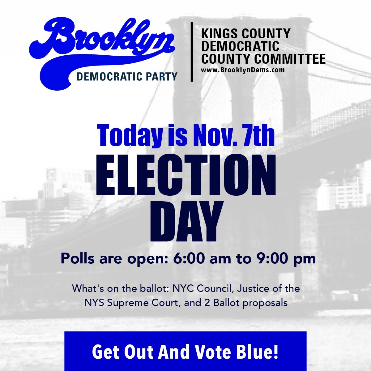 Today is #ELECTIONDAY !

The polls are open from 6am-9pm.

🗳️See our voting guide➡️ conta.cc/3G5zK1T
📍Find your poll site➡️ findmypollsite.vote.nyc 

"Every #vote matters—<a href="/bkdems/">Kings County Democratic County Committee</a> urge you to make your choice count to keep #Brooklyn Blue," says Party Chair <a href="/rbichotte/">Rodneyse Bichotte</a>.