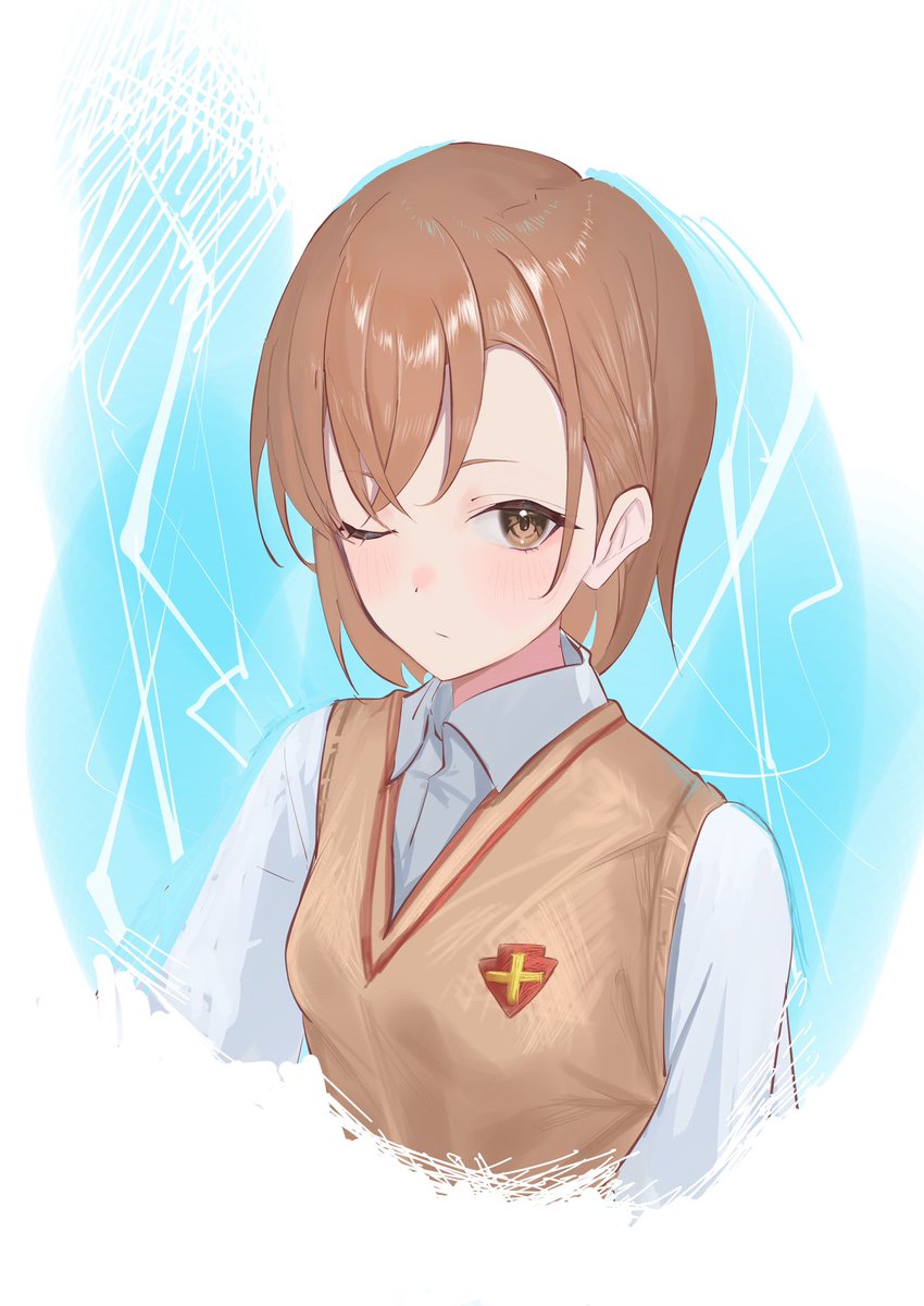 misaka mikoto 1girl solo tokiwadai school uniform brown hair brown eyes one eye closed sweater vest  illustration images