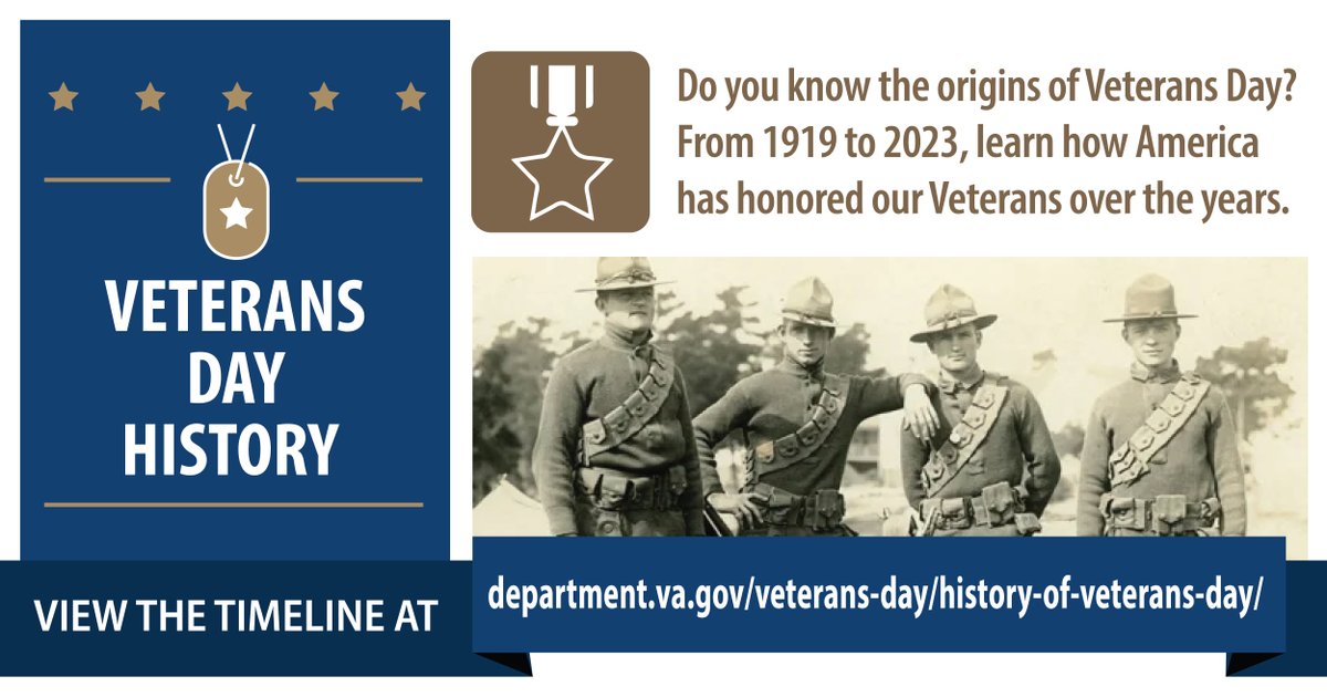 DeptVetAffairs's tweet photo. Do you know the origin of Veterans Day? View the timeline spanning from 1919 to 2023 at https://t.co/1HVjzaWjpe 

#VeteransDay #Veteran #Veterans #Thankyouforyourservice #History #DYK https://t.co/f7zahywWsR