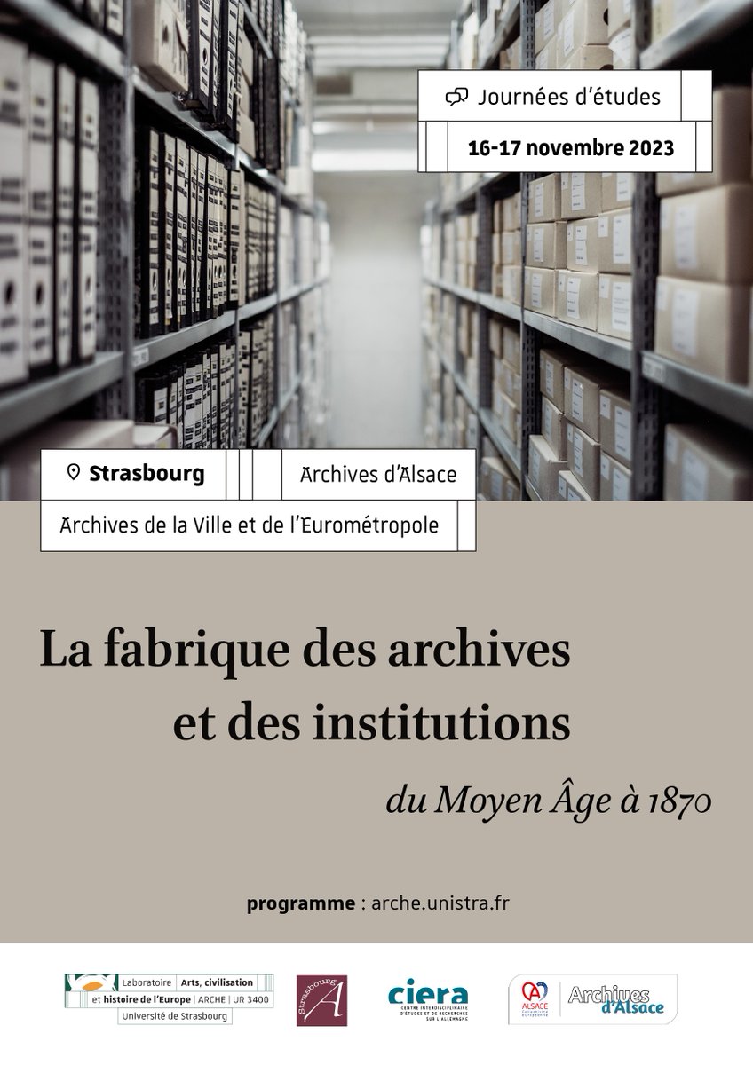 #colloque #àvosagendas
📅Rdv jeudi 16 et vendredi 17/11 pour le colloque "la fabrique des archives et des institutions" organisé par <a href="/unistra/">-</a> et en partenariat avec nos collègues des <a href="/Archivesdalsace/">Archives d'Alsace</a>. 

👉Programme détaillé : arche.unistra.fr/agenda/eveneme…