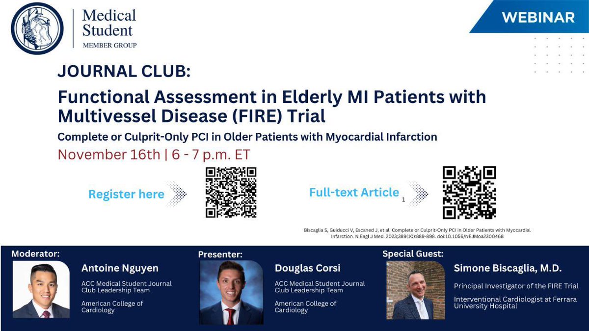 DoadJagroop's tweet photo. Come check out the next ACC journal club on November 16th to discuss the FIRE Trial. 

Register using the QR code below, we hope to see you there! #ACCMedStudent https://t.co/HjgBqHyQ5a