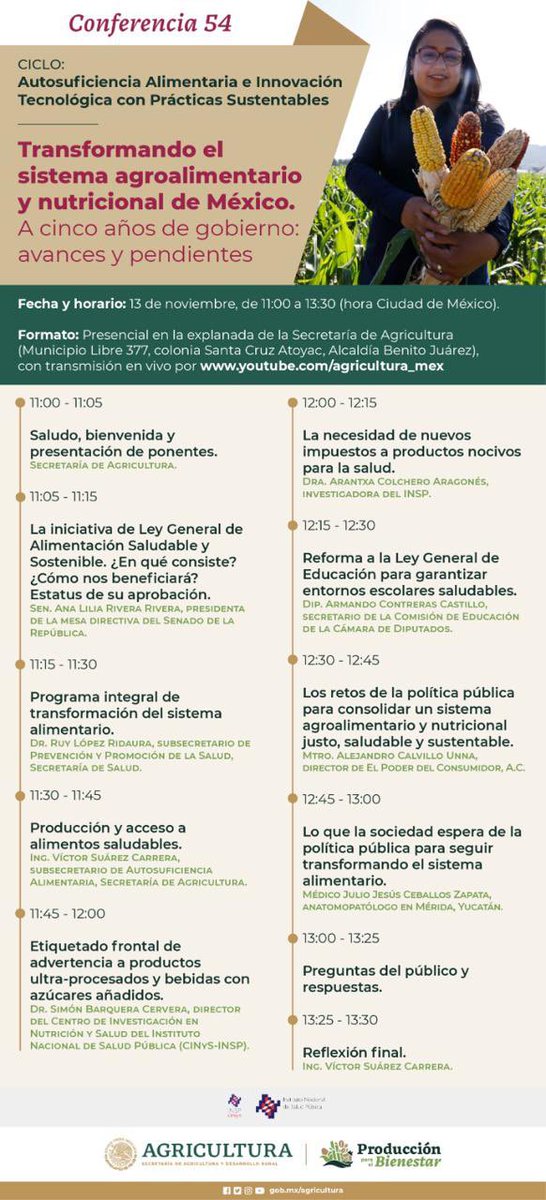 Te invitamos a la Conferencia 54 ciclo #AutosuficienciaAlimentaria, Transformando el sistema agroalimentario y nutricional de México.
A cinco años de gobierno: avances y retos.

🗓️13 de noviembre
🕚11:00 horas

💻Transmisión en vivo por: youtube.com/agricultura_mex